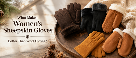 Women's sheepskin gloves in brown, black, and tan displayed on a wooden tray with a cozy winter backdrop.