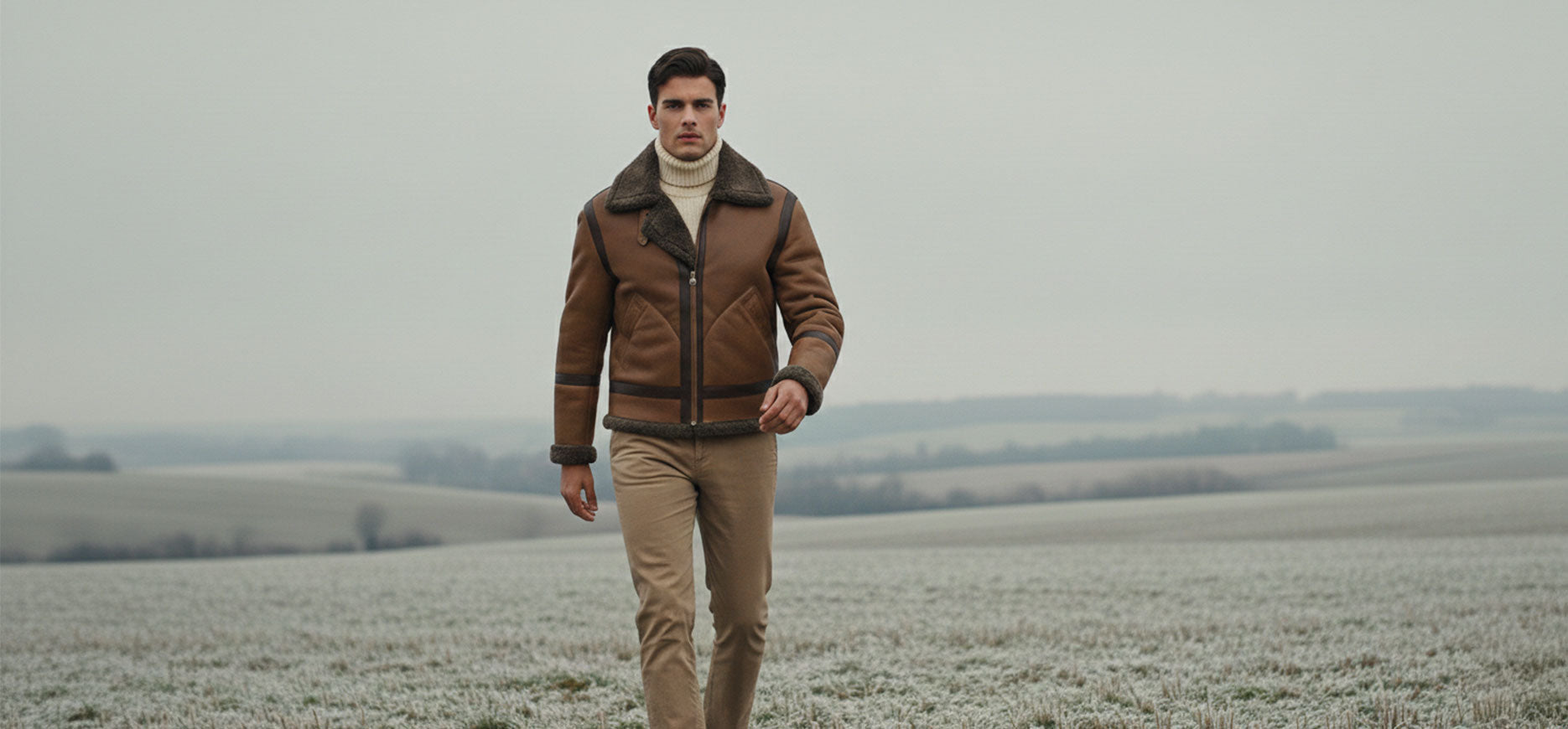 Fashion model wearing premium shearling coat in open field