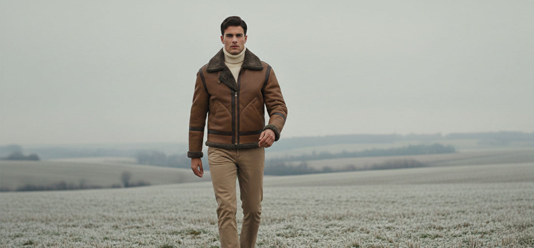 Fashion model wearing premium shearling coat in open field