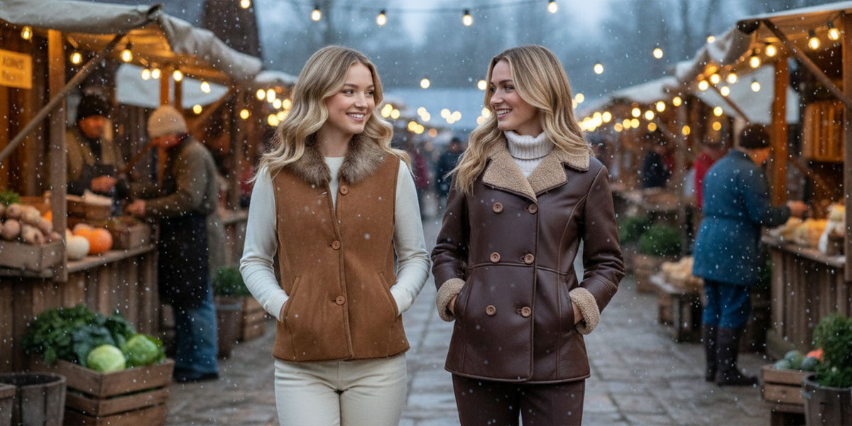 Two women wearing brown shearling jackets walking through a cozy winter market with lights and light snowfall