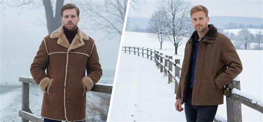 Men wearing shearling coats in winter outdoor settings.