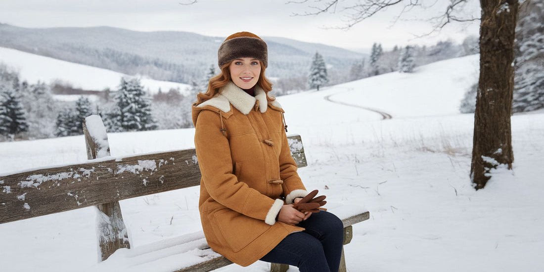 Woman wearing a shearling hat in snow weather