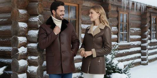 Man and woman wearing winter coats outside a cabin
