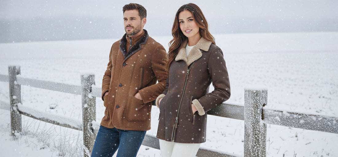 A man and a woman wearing brown shearling jackets standing by a wooden fence during light snowfall.