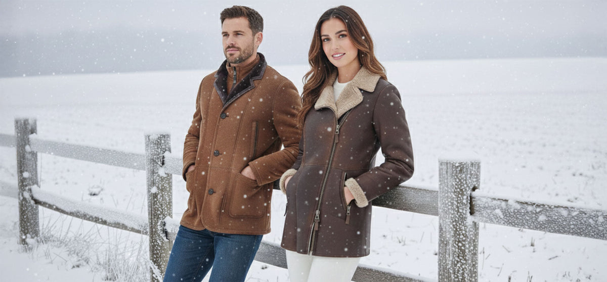 A man and a woman wearing brown shearling jackets standing by a wooden fence during light snowfall.