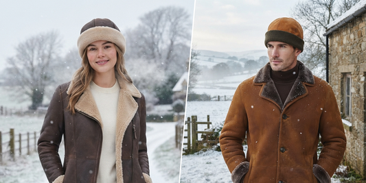 Man and woman wearing warm winter coats and hats in a snowy countryside setting.